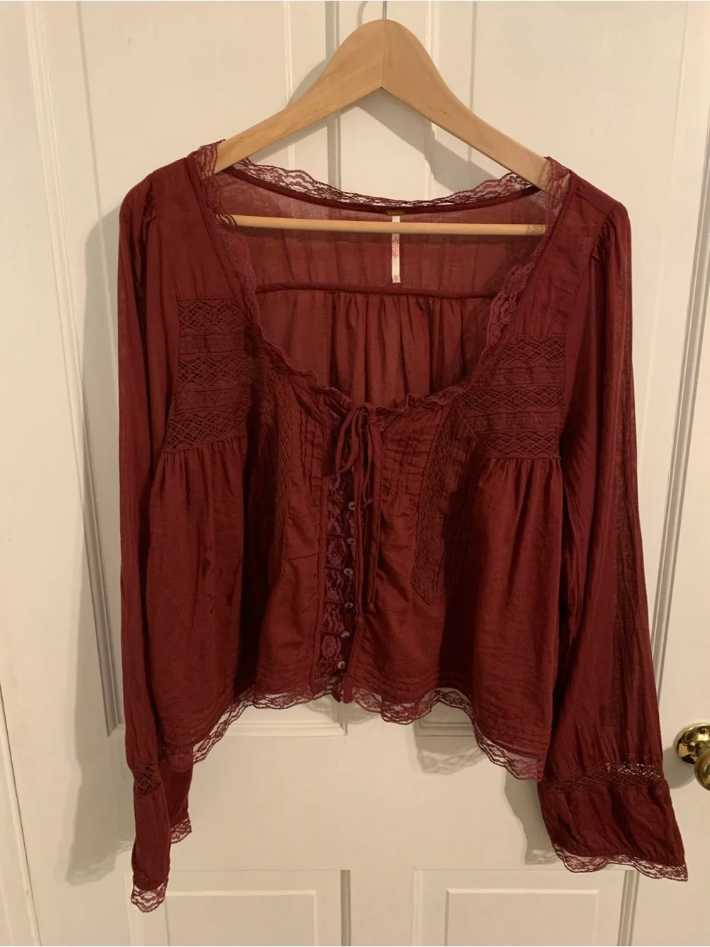 Free People Burgundy Lace-Trim Button Front Peasant Top